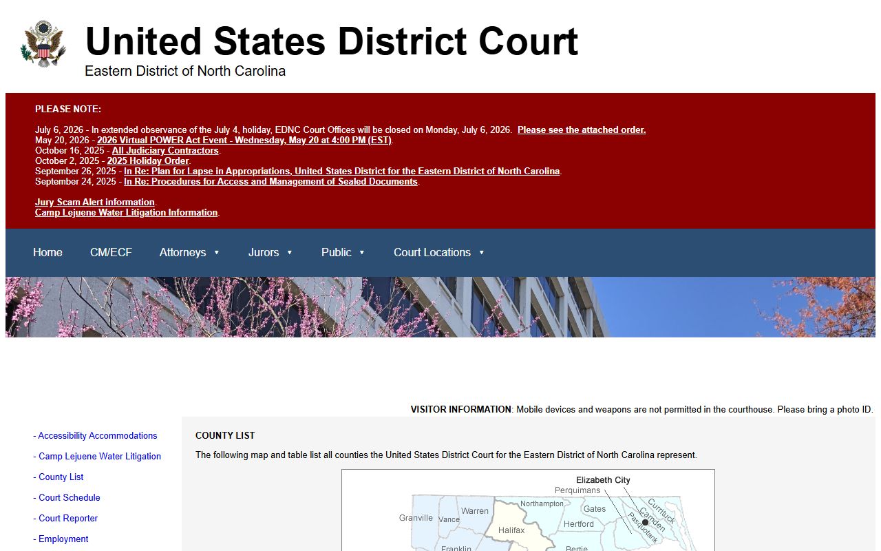 Halifax County court dockets EDNC county list including Halifax