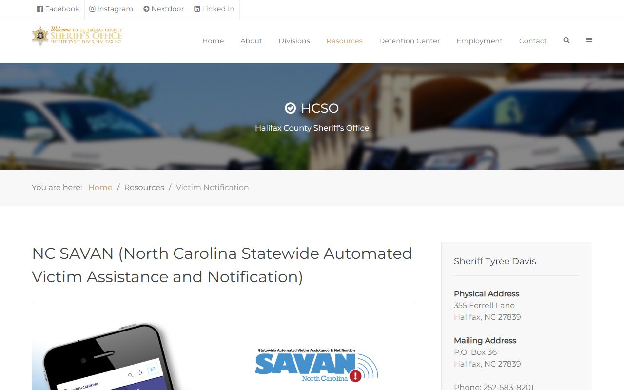 Halifax County warrant records NC SAVAN custody notification page